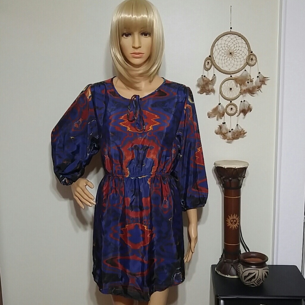 Angie blue and orange boho peasant mini dress sz S